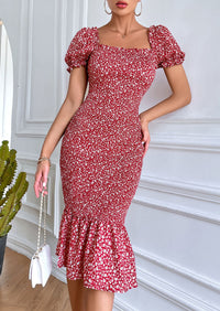 PRETTYGARDEN Bodycon Midi Dresses Summer Floral Puff Sleeve Mermaid Cocktail Baby Shower Photoshoot Maternity Dress