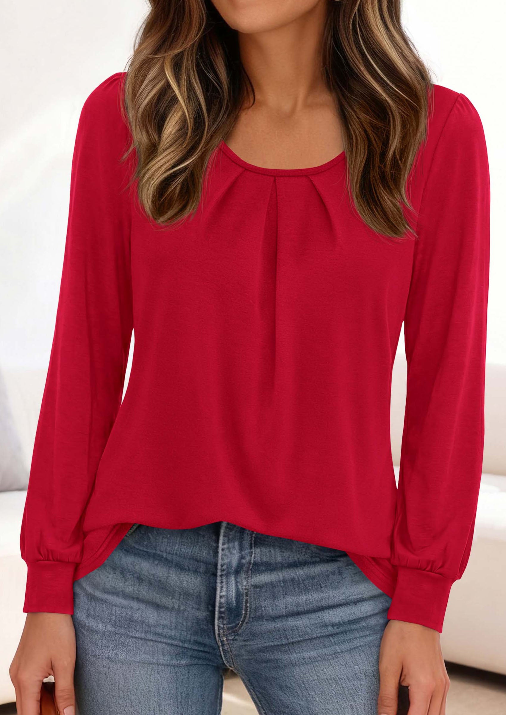 PRETTYGARDEN Womens Long Puff Sleeve Tops Crew Neck Blouse | Pleated Front, Loose Fit Soft, Business Casual Work Shirts, Dressy Daily Wear, School Travel Outfits, Fall Winter Clothing