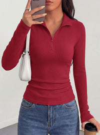 PRETTYGARDEN Women's Fall Quarter Zip Long Sleeve Shirts | Soft Stretchy Ribbed Knit, Collared Zipper Slim Fitted, Raglan Sleeves Pullover, Dressy Casual Tops, Trendy Going Out Outfits
