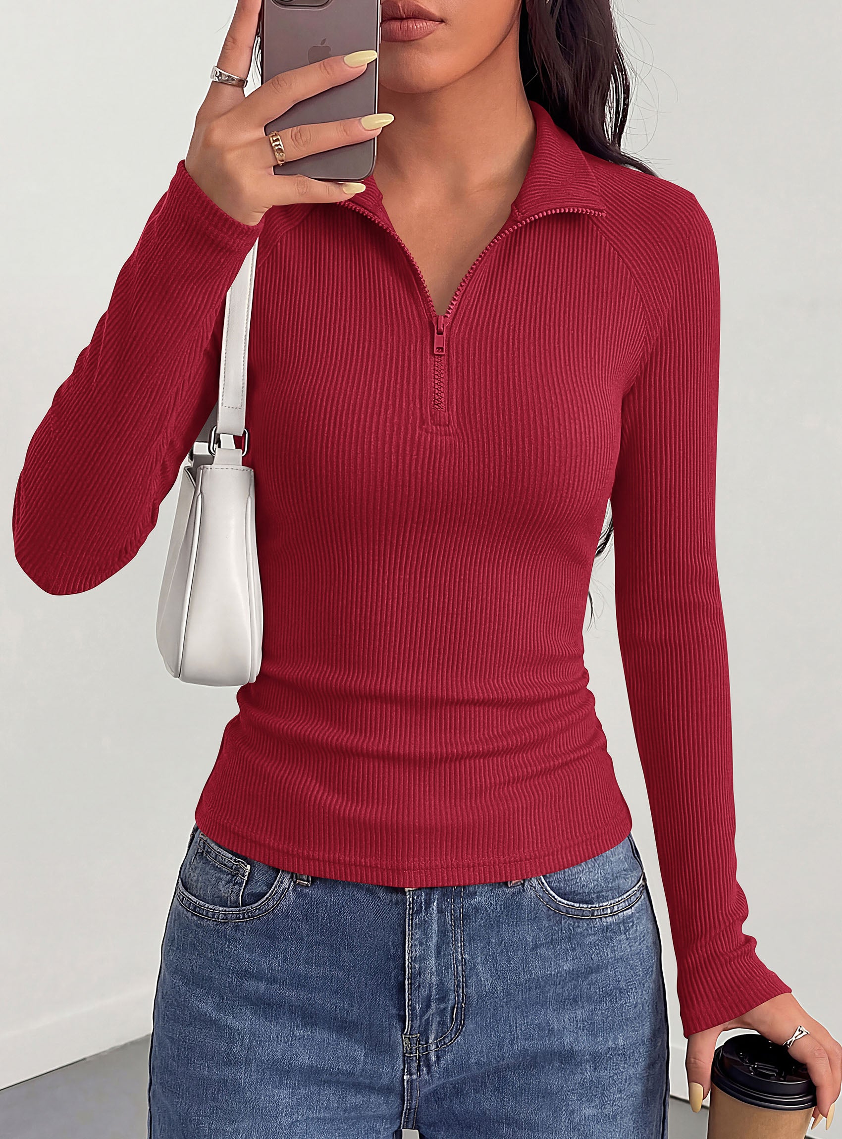 PRETTYGARDEN Women's Fall Quarter Zip Long Sleeve Shirts | Soft Stretchy Ribbed Knit, Collared Zipper Slim Fitted, Raglan Sleeves Pullover, Dressy Casual Tops, Trendy Going Out Outfits