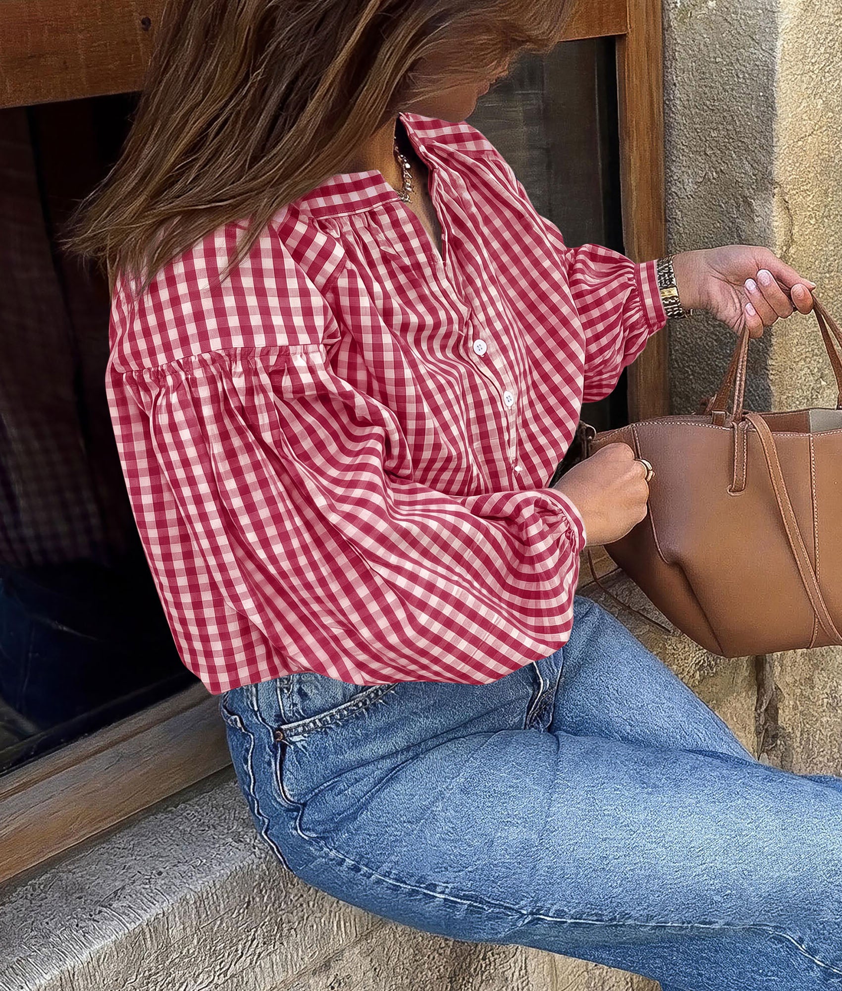 PRETTYGARDEN Women Fall Plaid Long Puff Sleeve Shirts V Neck Casual Blouses  Gingham Button Down Oversized, Pleated Drop Shoulder Cotton Tops, Dressy Casual, Work Vacation Travel, Fall Outfits Trendy