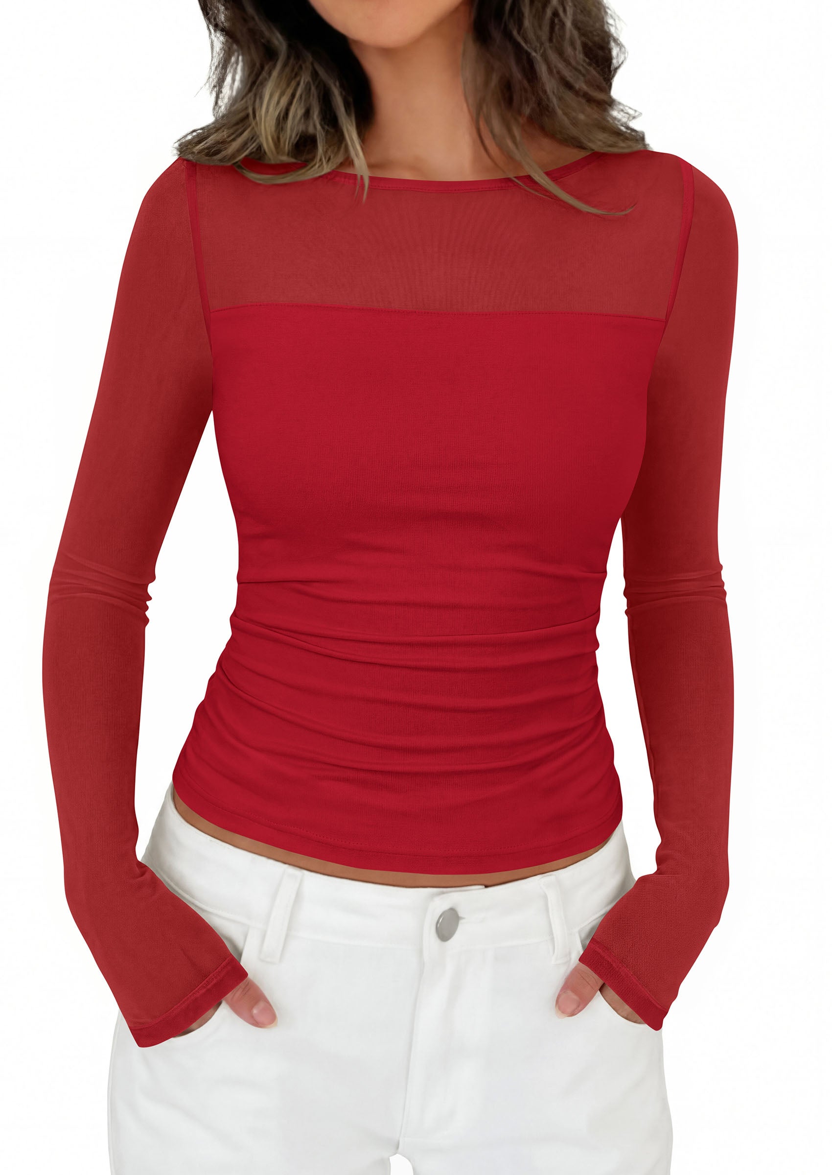 PRETTYGARDEN Women's 2026 Fall Long Sleeve T Shirts Sheer Mesh Boat Neck Ruched Fitted Going Out Summer Tops Fashion Clothing