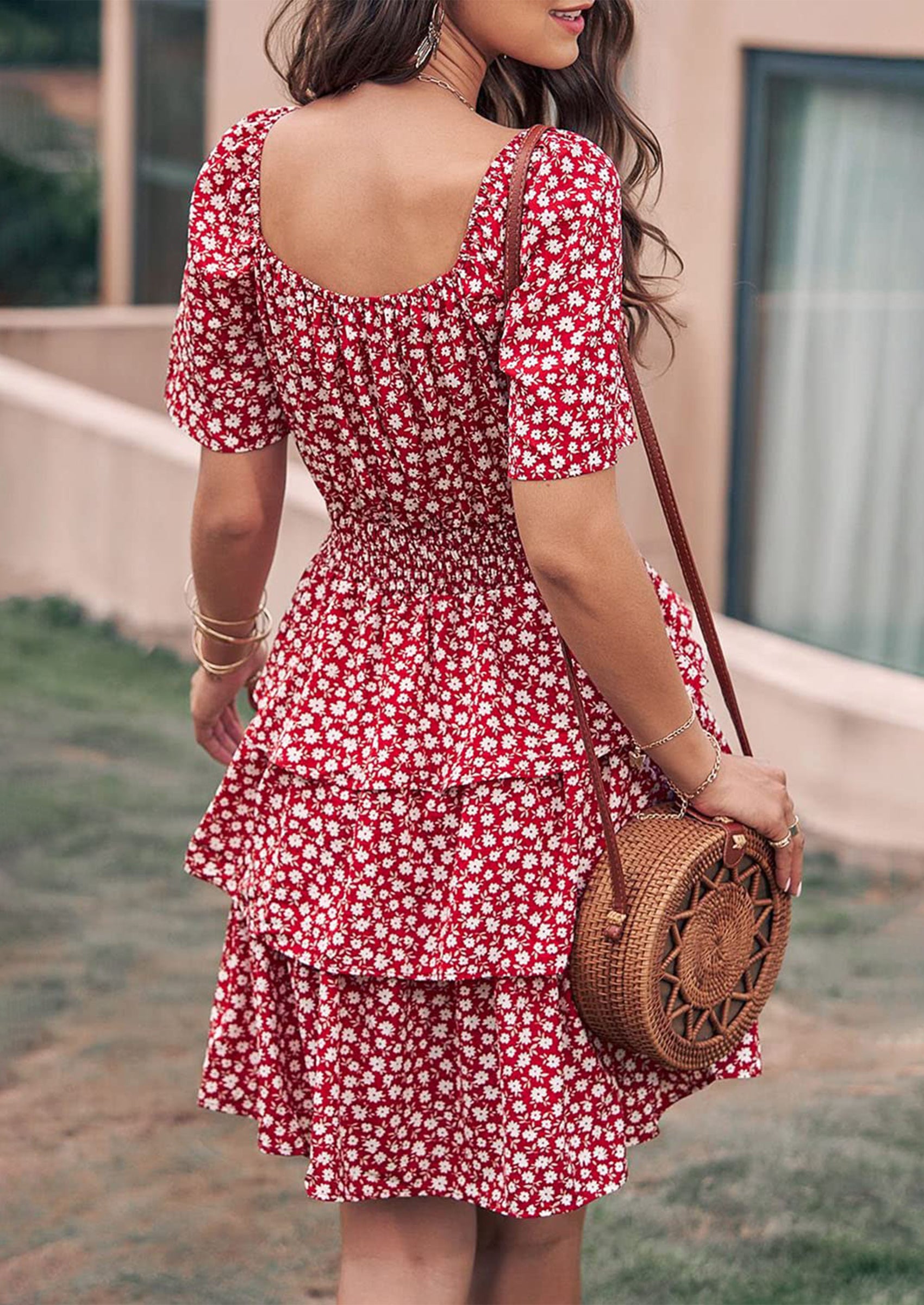 PRETTYGARDEN Women Floral Square Neck Short Sleeve Tiered Ruffle Boho Mini Dresses