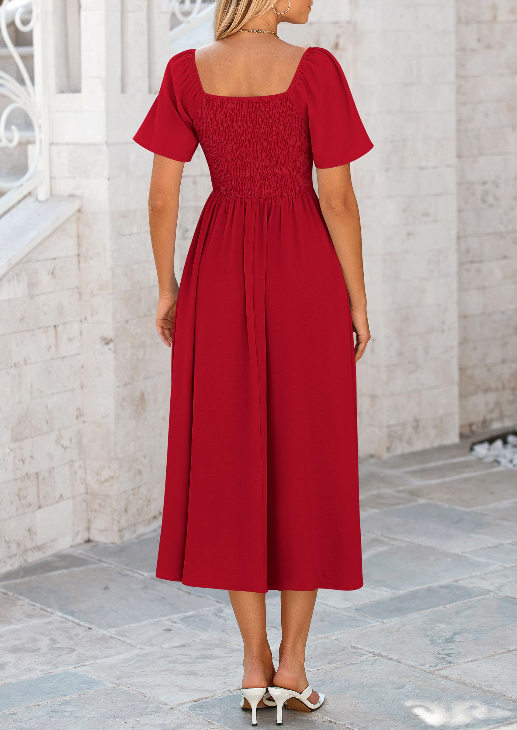 PRETTYGARDEN Summer Dress for Women Casual Short Sleeve Bow Tie V Neck Ruffle Midi Flowy Dresses