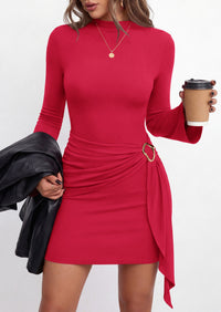 PRETTYGARDEN Women Long Sleeve Bodycon Ruched Mini Dress | Mock Neck Gold Buckle, Slim Fit, Weeding Guest Dress, Elegant Dressy Casual, Cocktail Party Date Night, Fall Winter Outfits