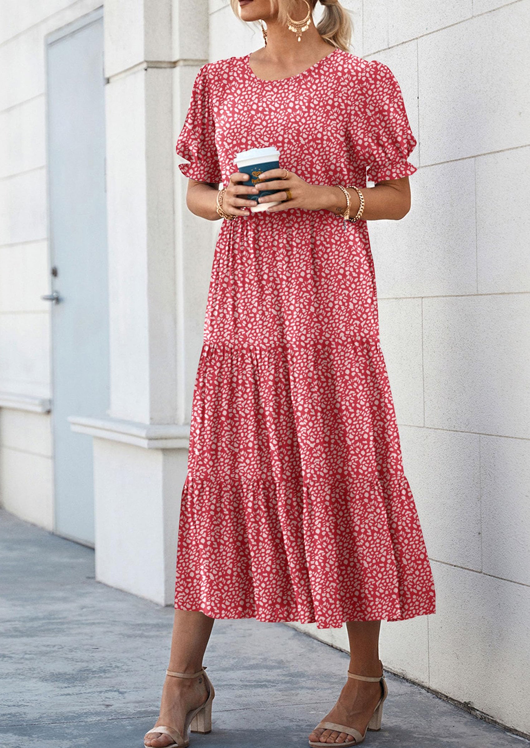 PRETTYGARDEN Women's Summer Casual Floral Boho Dress Puff Short Sleeve Ruffle Flowy Beach Party Midi Dresses