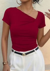 PRETTYGARDEN Women's 2026 Summer Asymmetrical Y2K Tops Trendy Ribbed Short Sleeve Fitted Tee Shirts Spring Fashion Clothing