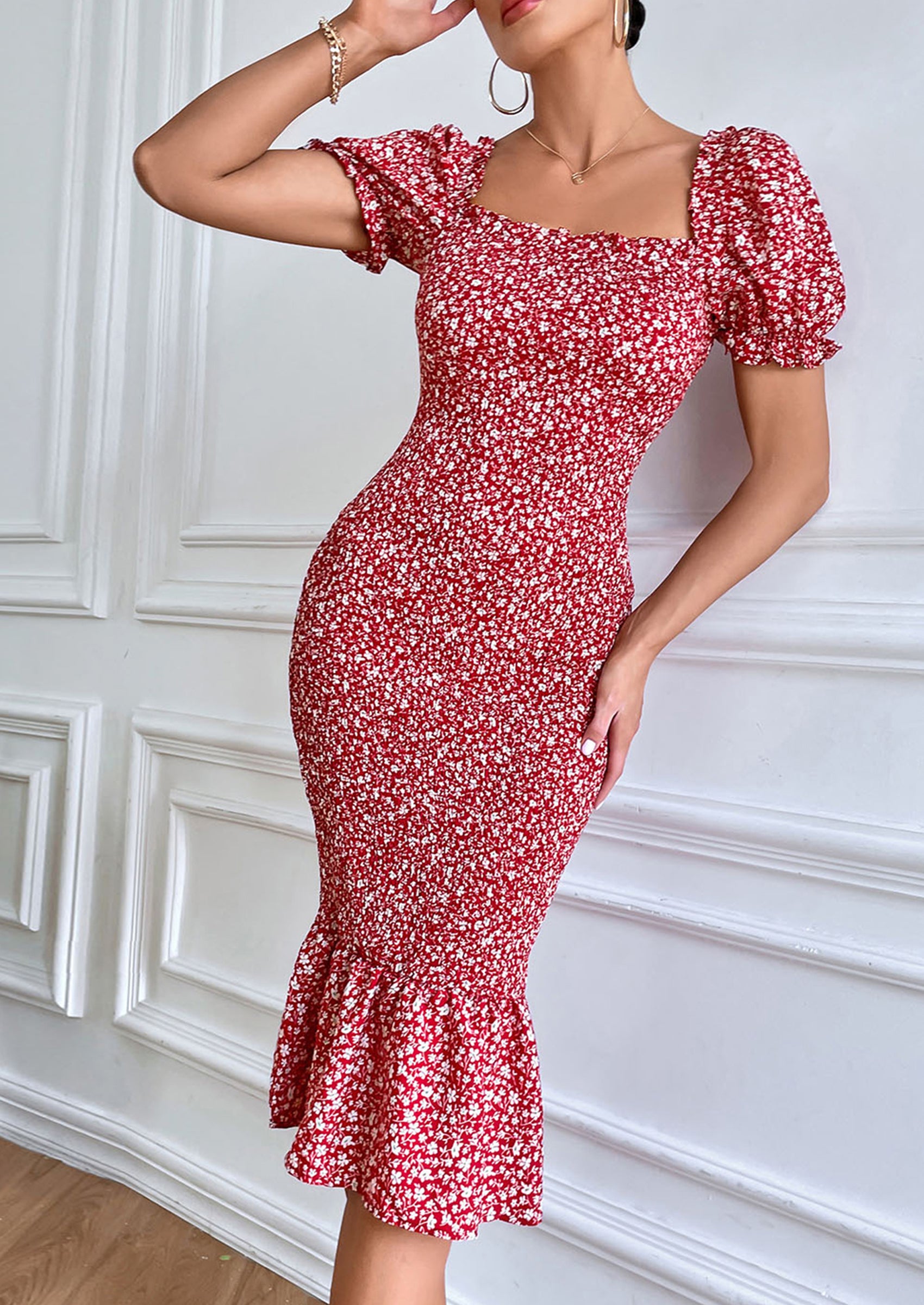 PRETTYGARDEN Bodycon Midi Dresses Summer Floral Puff Sleeve Mermaid Cocktail Baby Shower Photoshoot Maternity Dress