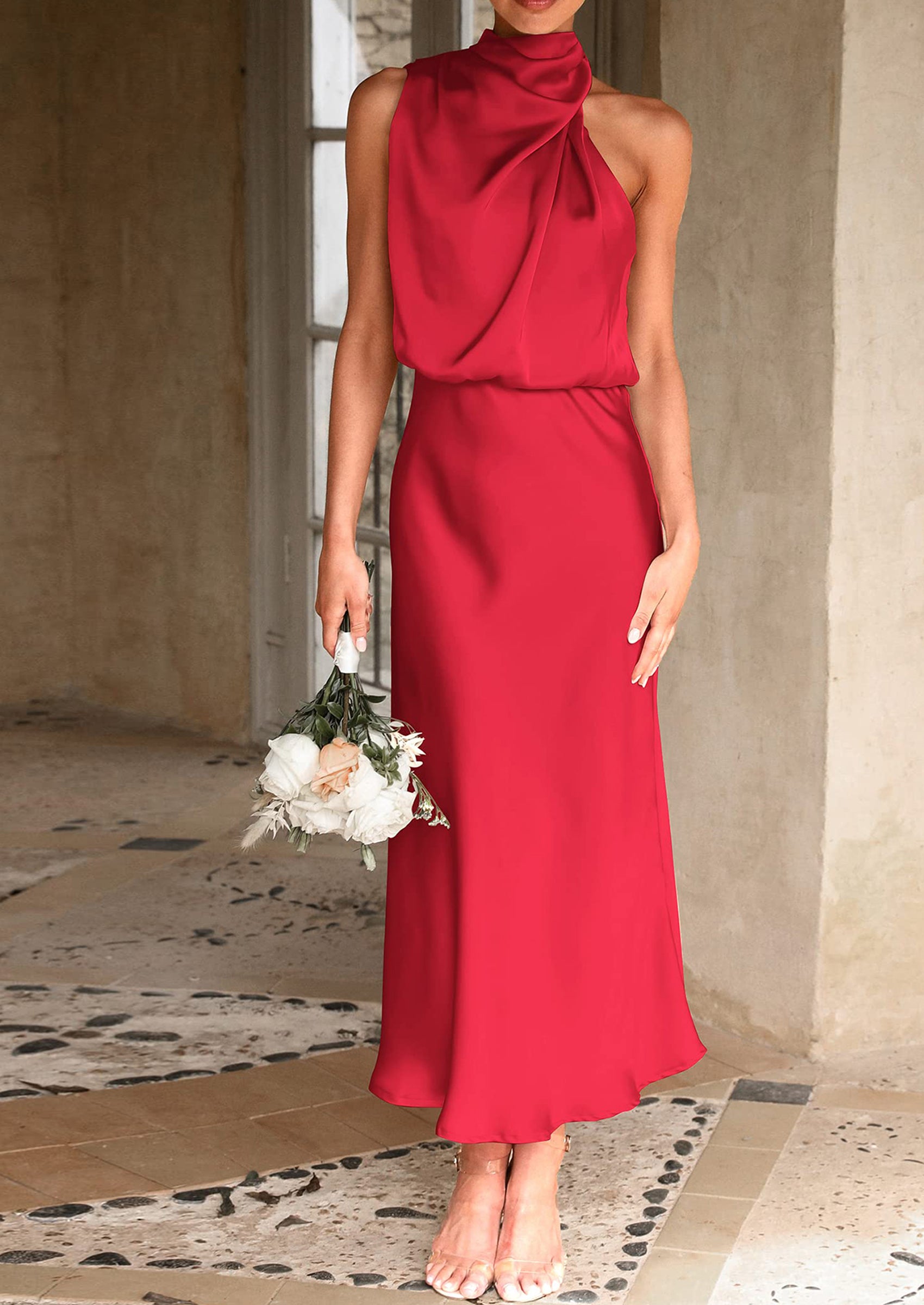 PRETTYGARDEN Women's Summer Satin Dress Elegant Sleeveless Mock Neck Cocktail Party Maxi Dresses