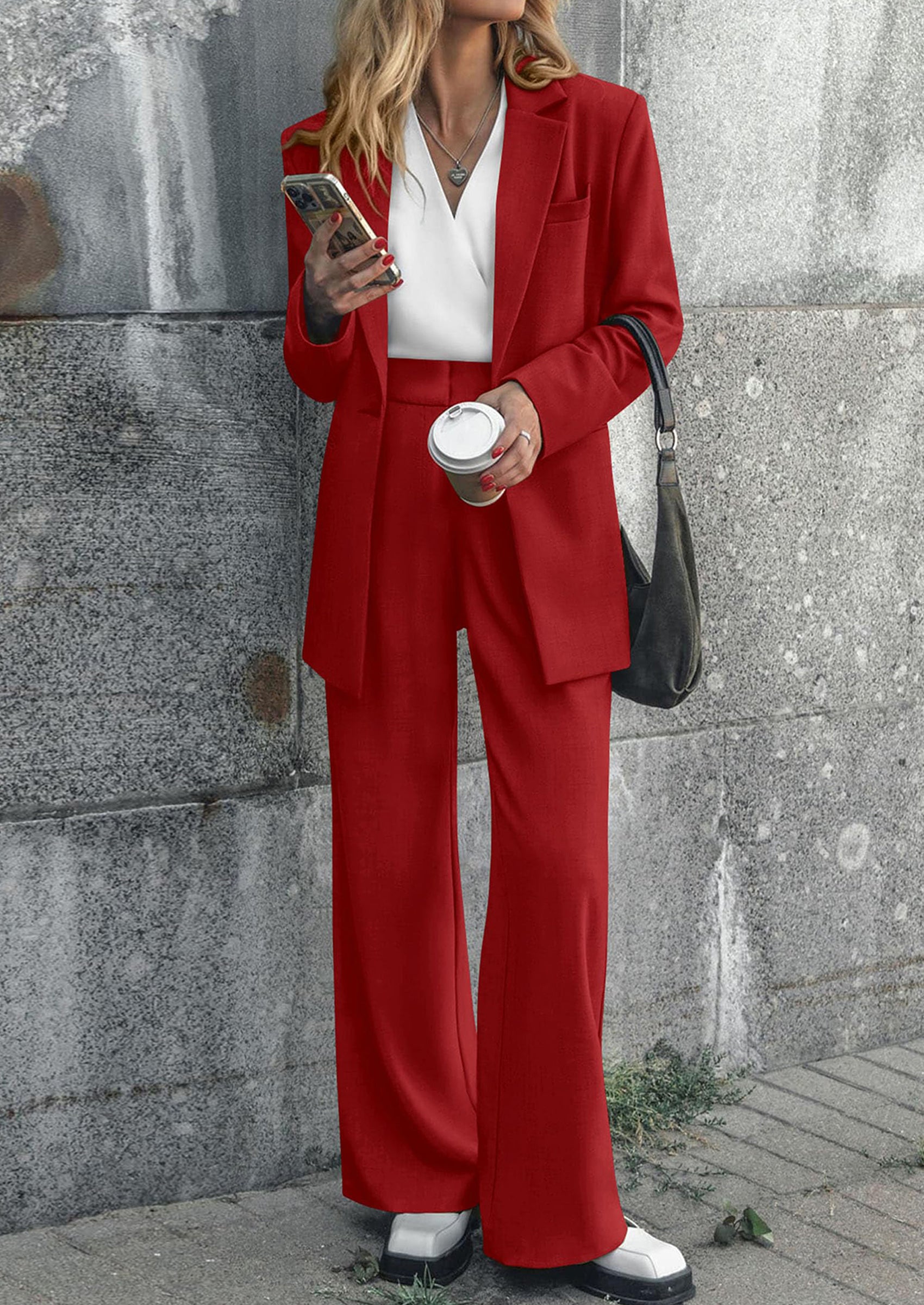 PRETTYGARDEN Women's Fall Two Piece Outfits Dressy Blazer Jacket and Wide Leg Pants Pockets Business Casual Office Suit Sets