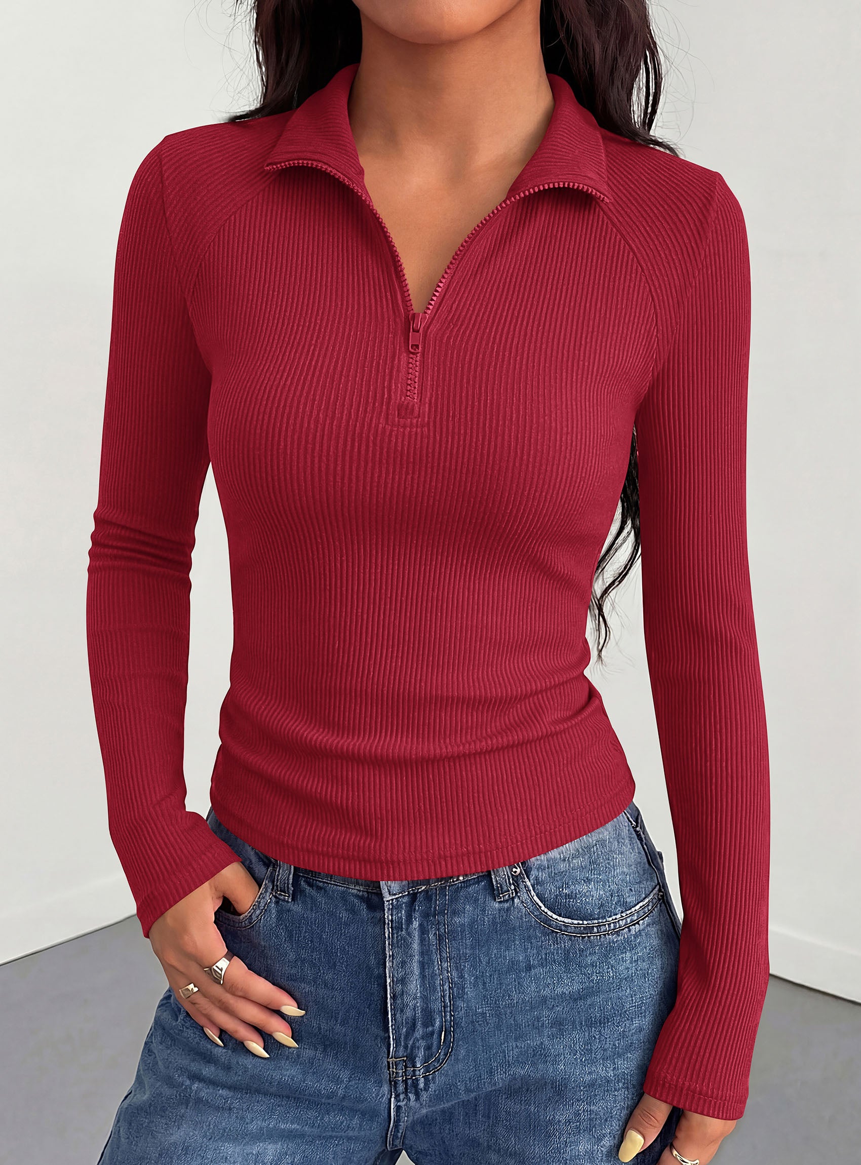PRETTYGARDEN Women's Fall Quarter Zip Long Sleeve Shirts | Soft Stretchy Ribbed Knit, Collared Zipper Slim Fitted, Raglan Sleeves Pullover, Dressy Casual Tops, Trendy Going Out Outfits