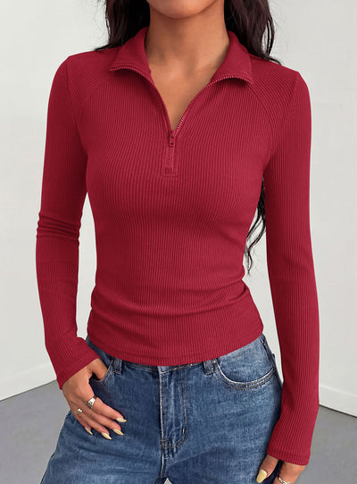 PRETTYGARDEN Women's Fall Quarter Zip Long Sleeve Shirts | Soft Stretchy Ribbed Knit, Collared Zipper Slim Fitted, Raglan Sleeves Pullover, Dressy Casual Tops, Trendy Going Out Outfits