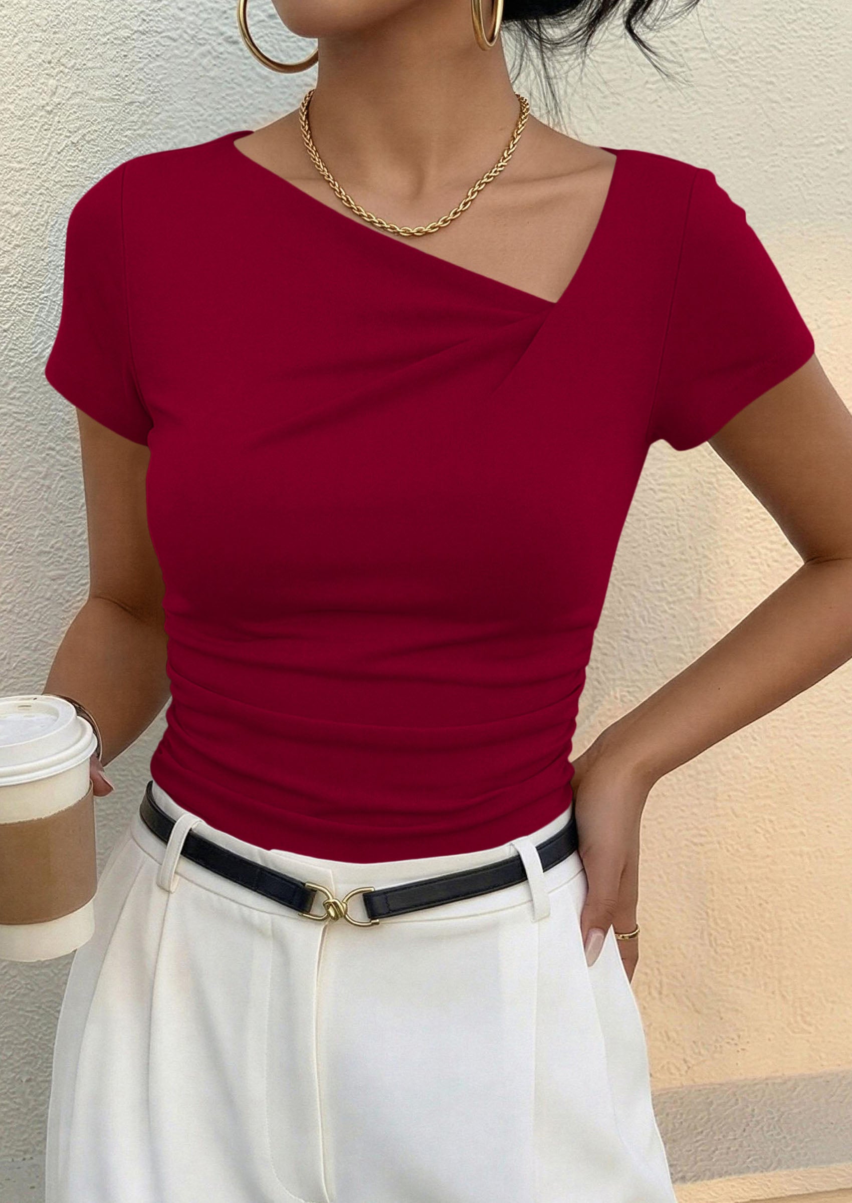 PRETTYGARDEN Women's 2026 Summer Asymmetrical Y2K Tops Trendy Ribbed Short Sleeve Fitted Tee Shirts Spring Fashion Clothing