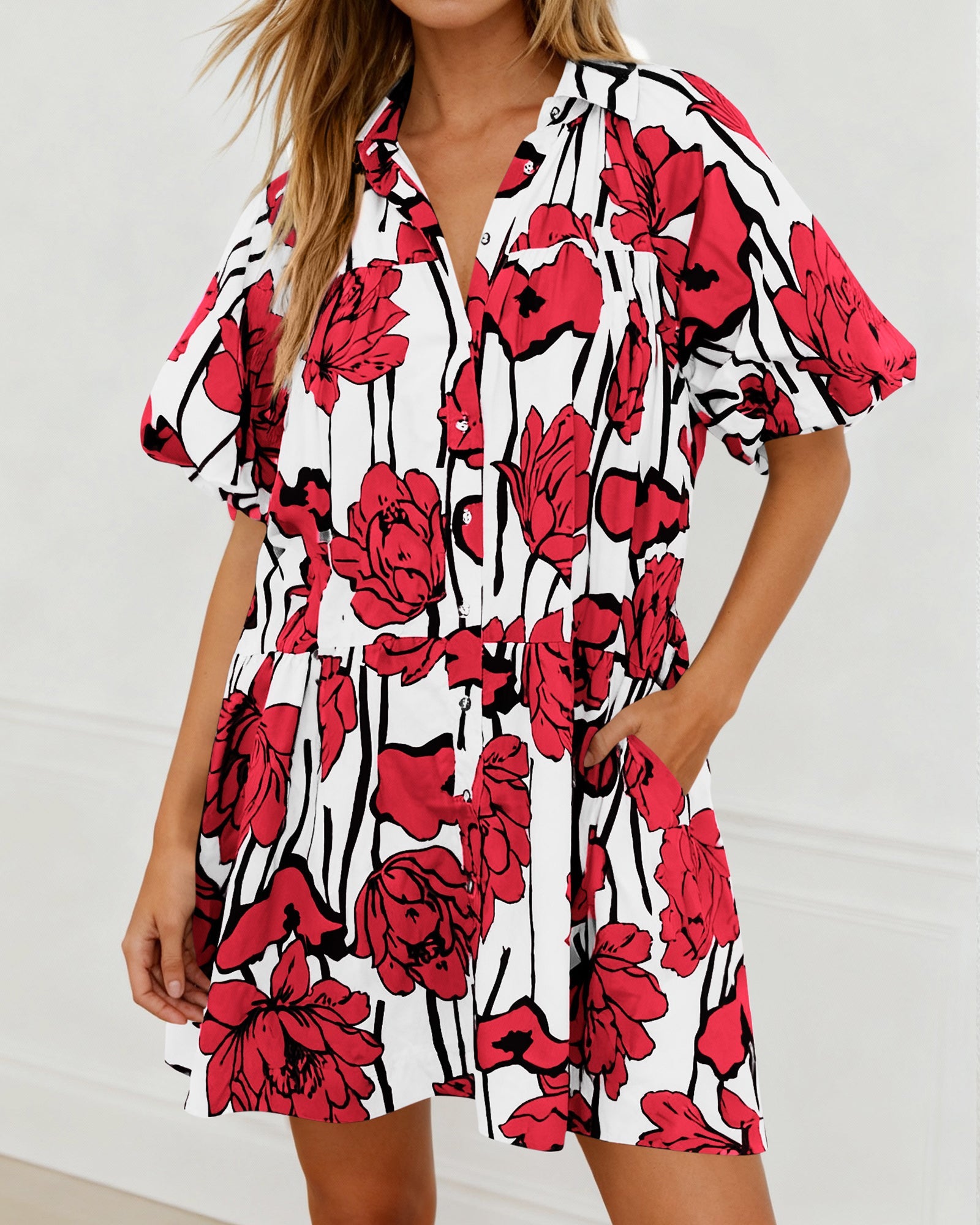 PRETTYGARDEN Womens Summer Dresses 2026 Casual Puff Sleeve Button Down Mini Shirt Dress Boho Floral Babydoll Sun Dress PRETTYGARDEN