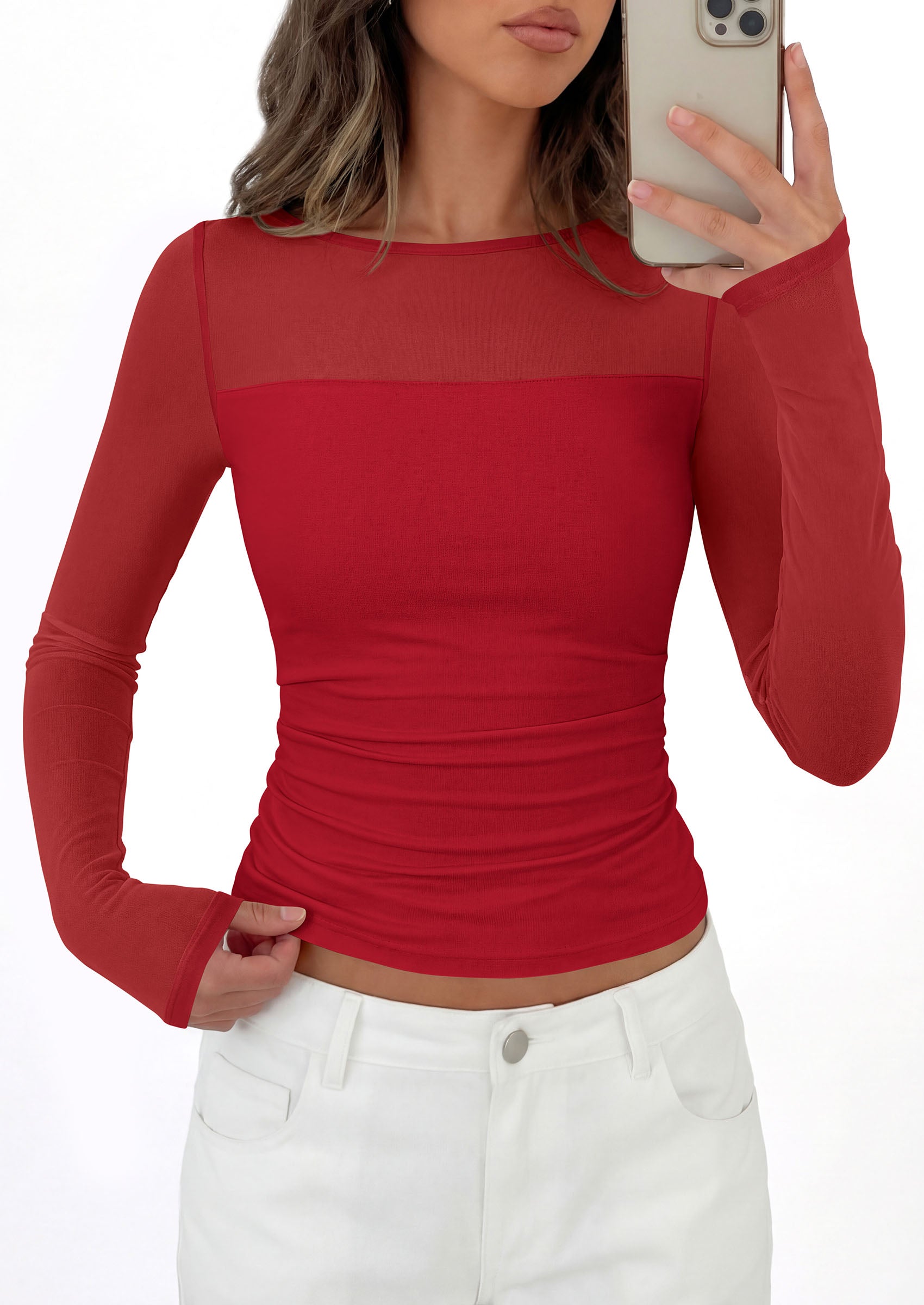 PRETTYGARDEN Women's 2026 Fall Long Sleeve T Shirts Sheer Mesh Boat Neck Ruched Fitted Going Out Summer Tops Fashion Clothing