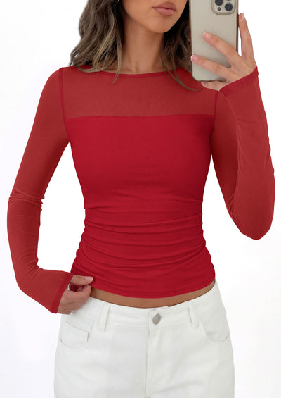 PRETTYGARDEN Women's 2026 Fall Long Sleeve T Shirts Sheer Mesh Boat Neck Ruched Fitted Going Out Summer Tops Fashion Clothing