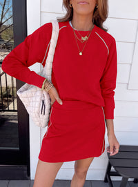PRETTYGARDEN Women's Two Piece Outfits Matching Skirt Sets | Color Block Long Sleeve Top Sweatshirt, Mini Short Skirts, Elastic Waist Skorts Pocket, 2pc Workout Set, Fall Fashion Clothes