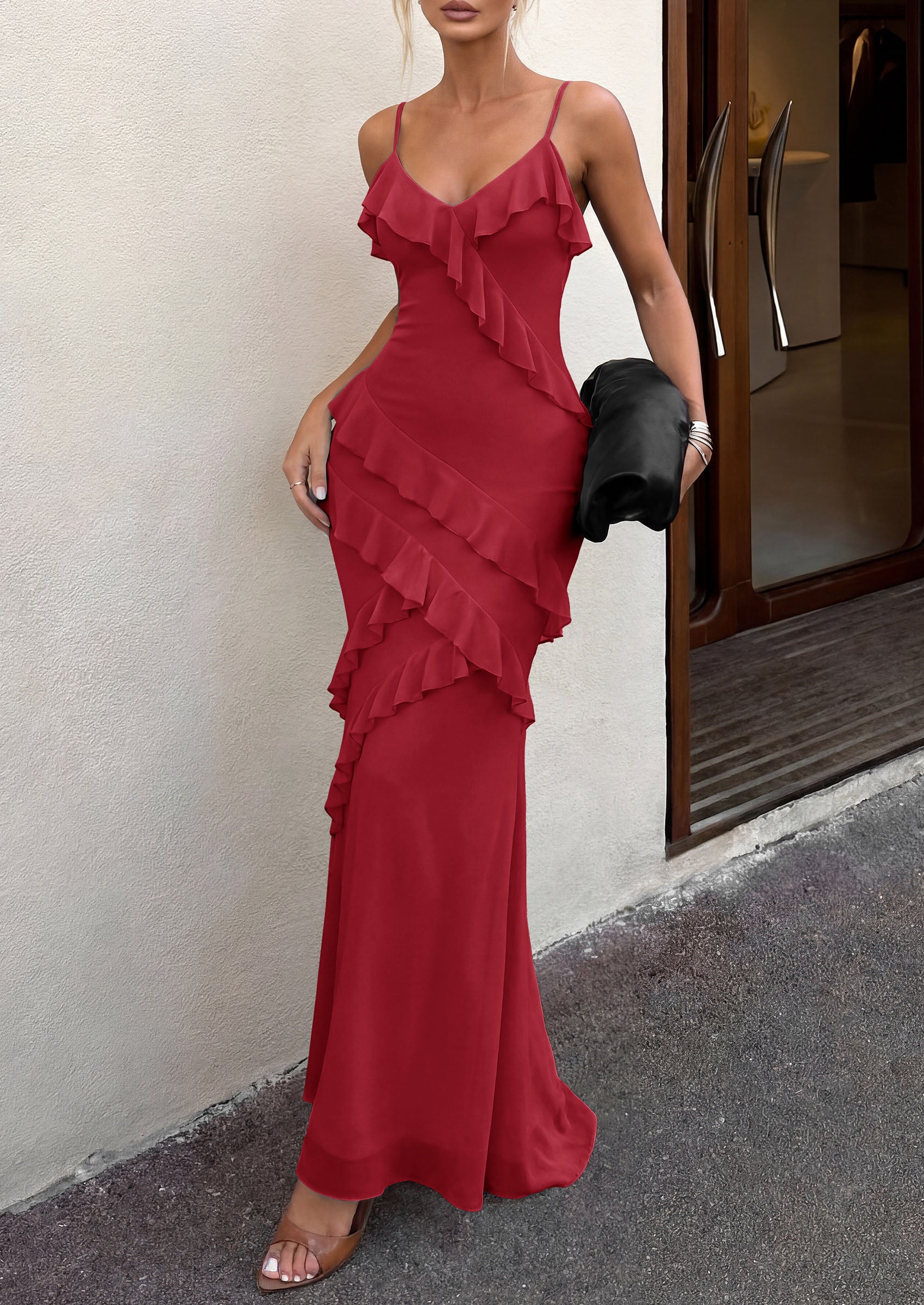 PRETTYGARDEN Women 2026 Wedding Guest Cocktail Maxi Dress Spaghetti Strap Sleeveless V Neck Bodycon Mesh Party Summer Outfits
