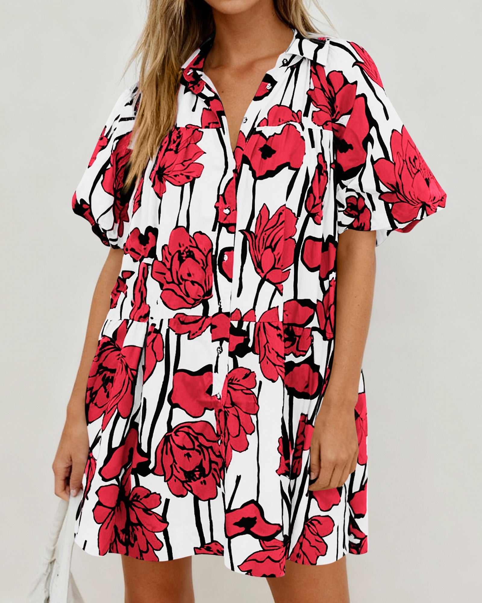 PRETTYGARDEN Womens Summer Dresses 2026 Casual Puff Sleeve Button Down Mini Shirt Dress Boho Floral Babydoll Sun Dress PRETTYGARDEN