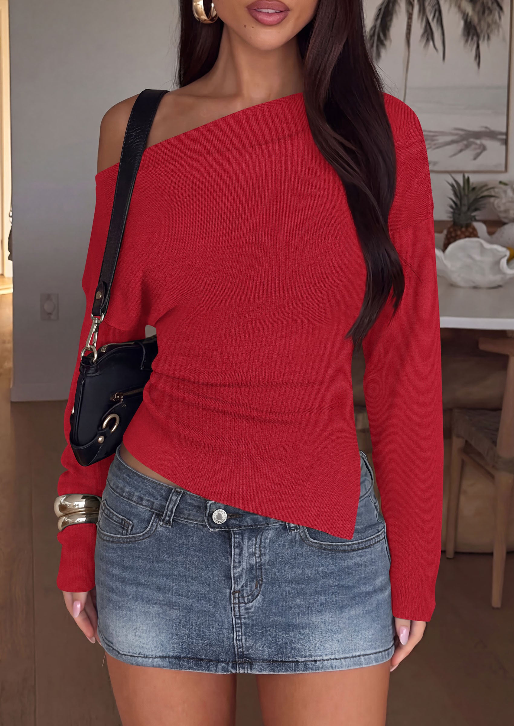 PRETTYGARDEN Womens Fall Long Sleeve Off Shoulder Sweater  Soft Knit Fabric, Fashion Batwing Sleeve, Chic Asymmetrical Hem, Casual Going Out Sweater, 2026 Trendy Winter Clothes