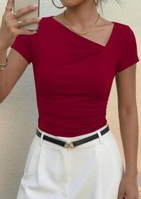 PRETTYGARDEN Women's 2026 Summer Asymmetrical Y2K Tops Trendy Ribbed Short Sleeve Fitted Tee Shirts Spring Fashion Clothing