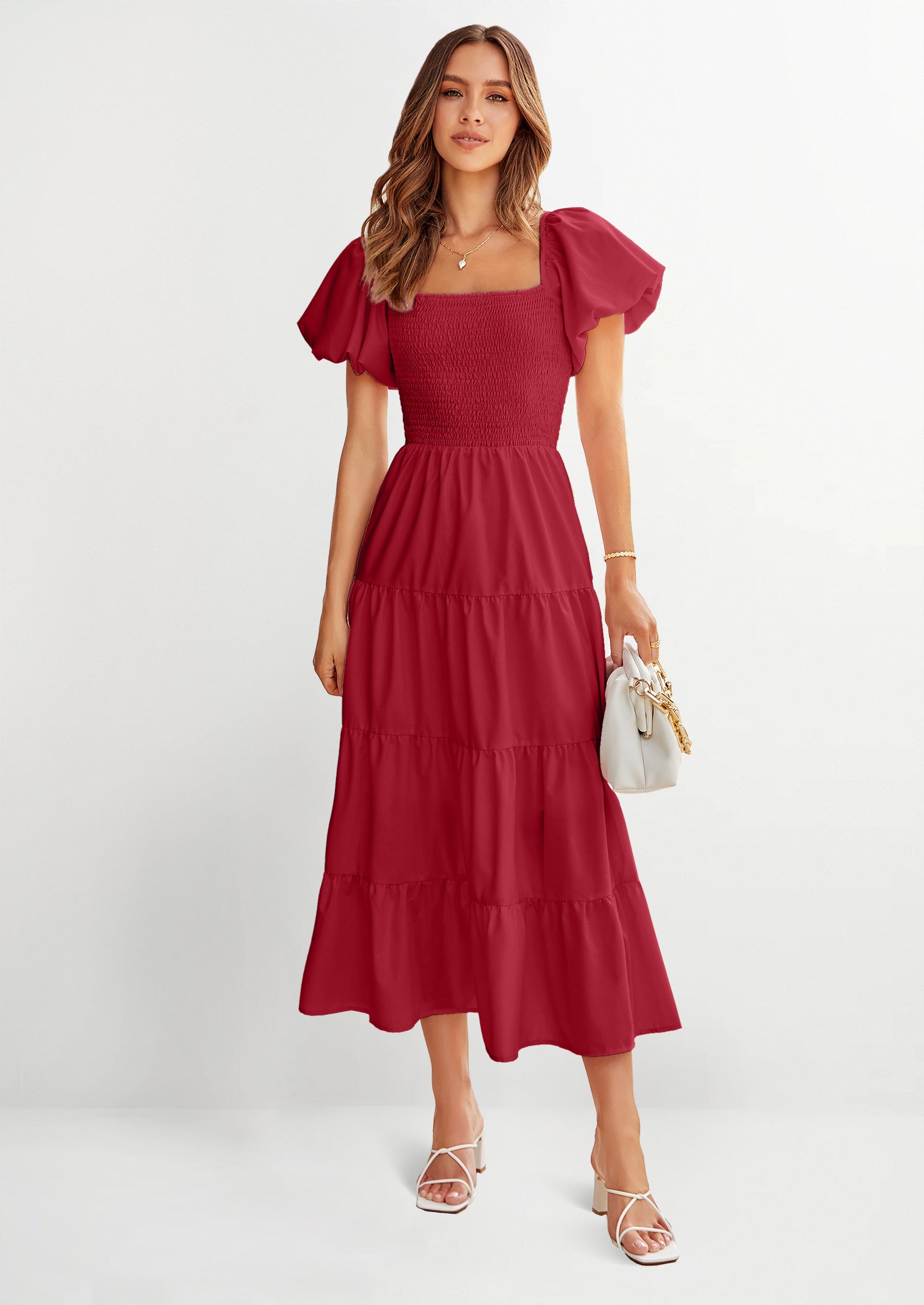 PRETTYGARDEN Women's Summer Casual Midi Dress Puffy Short Sleeve Square Neck Smocked Tiered Ruffle Dresses