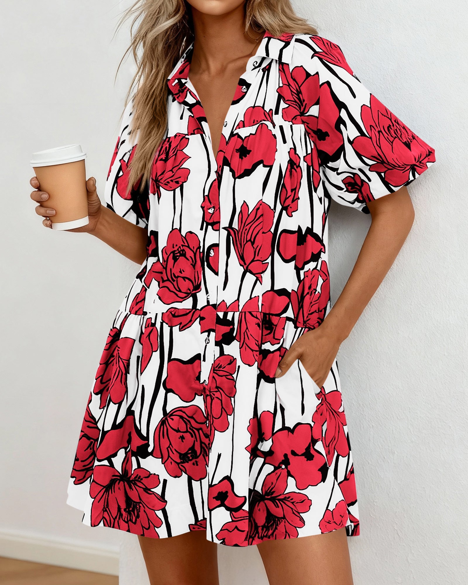 PRETTYGARDEN Womens Summer Dresses 2026 Casual Puff Sleeve Button Down Mini Shirt Dress Boho Floral Babydoll Sun Dress PRETTYGARDEN