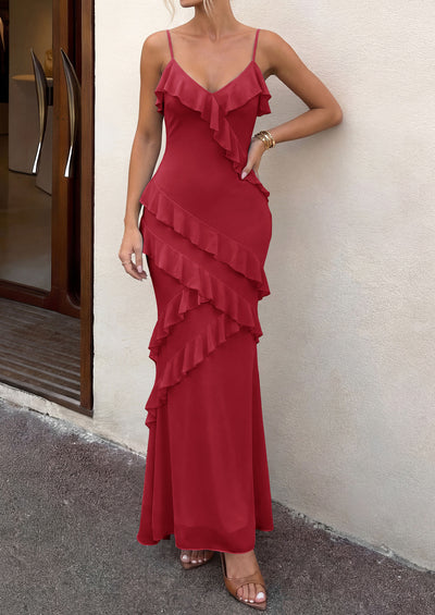 PRETTYGARDEN Women 2026 Wedding Guest Cocktail Maxi Dress Spaghetti Strap Sleeveless V Neck Bodycon Mesh Party Summer Outfits