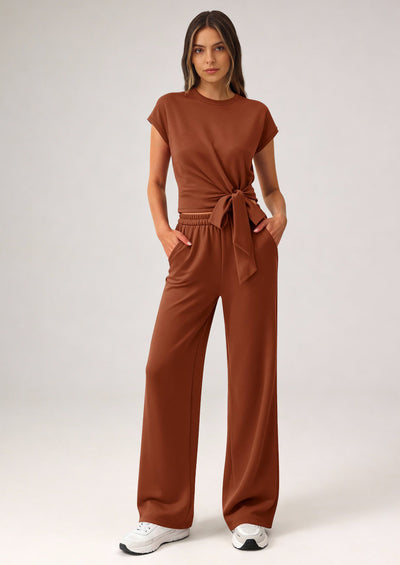 PRETTYGARDEN 2 Piece Matching Lounge Sets For Women Summer Short Sleeve Tie Front Crop Tops Casual Wide Leg Pants Tracksuit PRETTYGARDEN