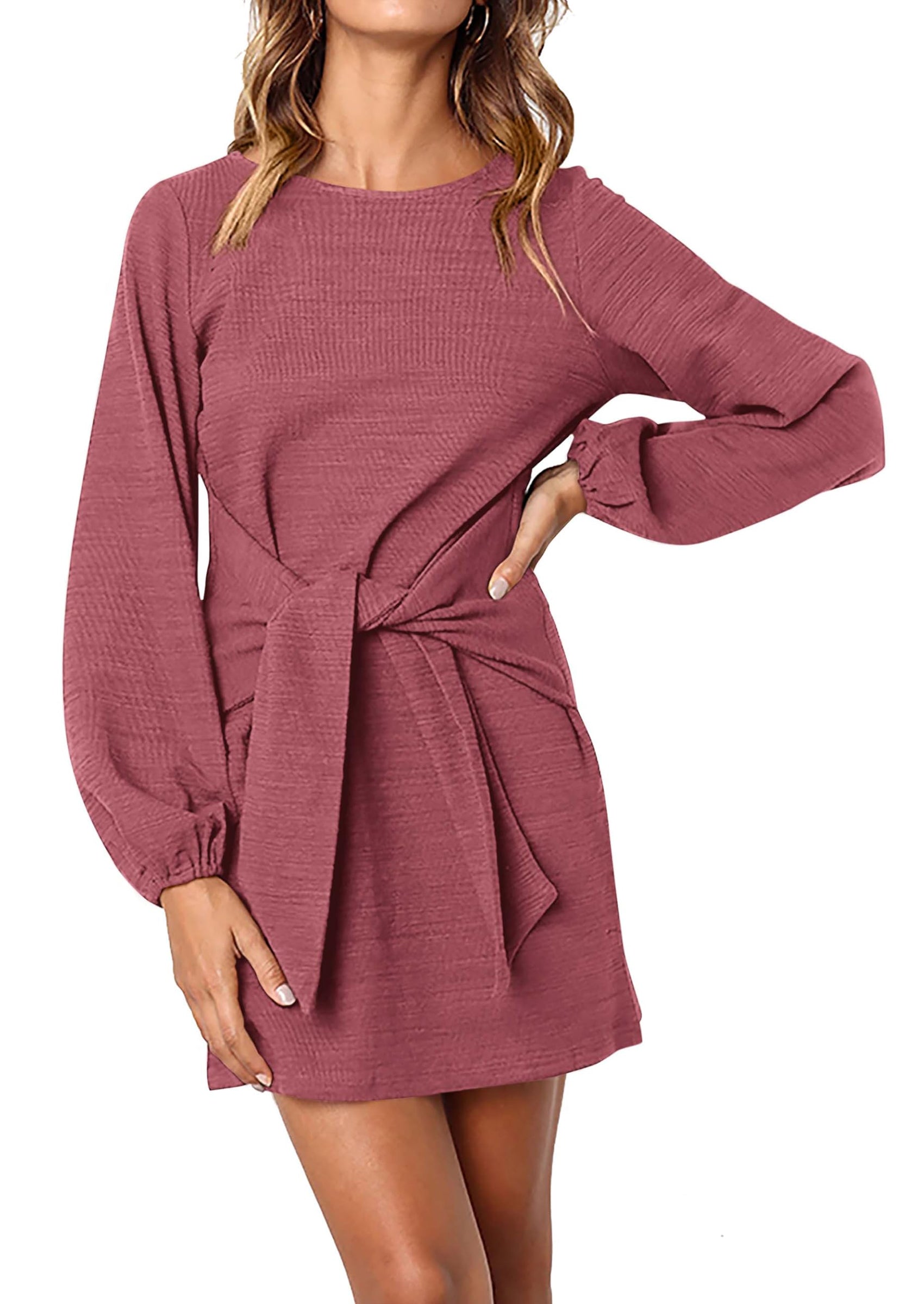 PRETTYGARDEN Womens Fall Elegant Long Lantern Sleeve Short Dress Wedding Guest Crewneck Tie Waist Knit Cocktail Dresses PRETTYGARDEN