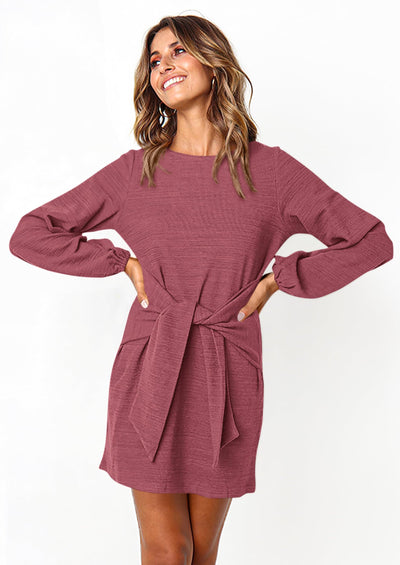 PRETTYGARDEN Womens Fall Elegant Long Lantern Sleeve Short Dress Wedding Guest Crewneck Tie Waist Knit Cocktail Dresses PRETTYGARDEN