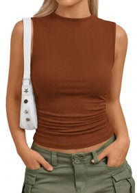 PRETTYGARDEN Tank Top for Women Summer Fashion Clothing Mock Neck Ribbed Knit Slim Fitted Shirts Going Out Tops PRETTYGARDEN