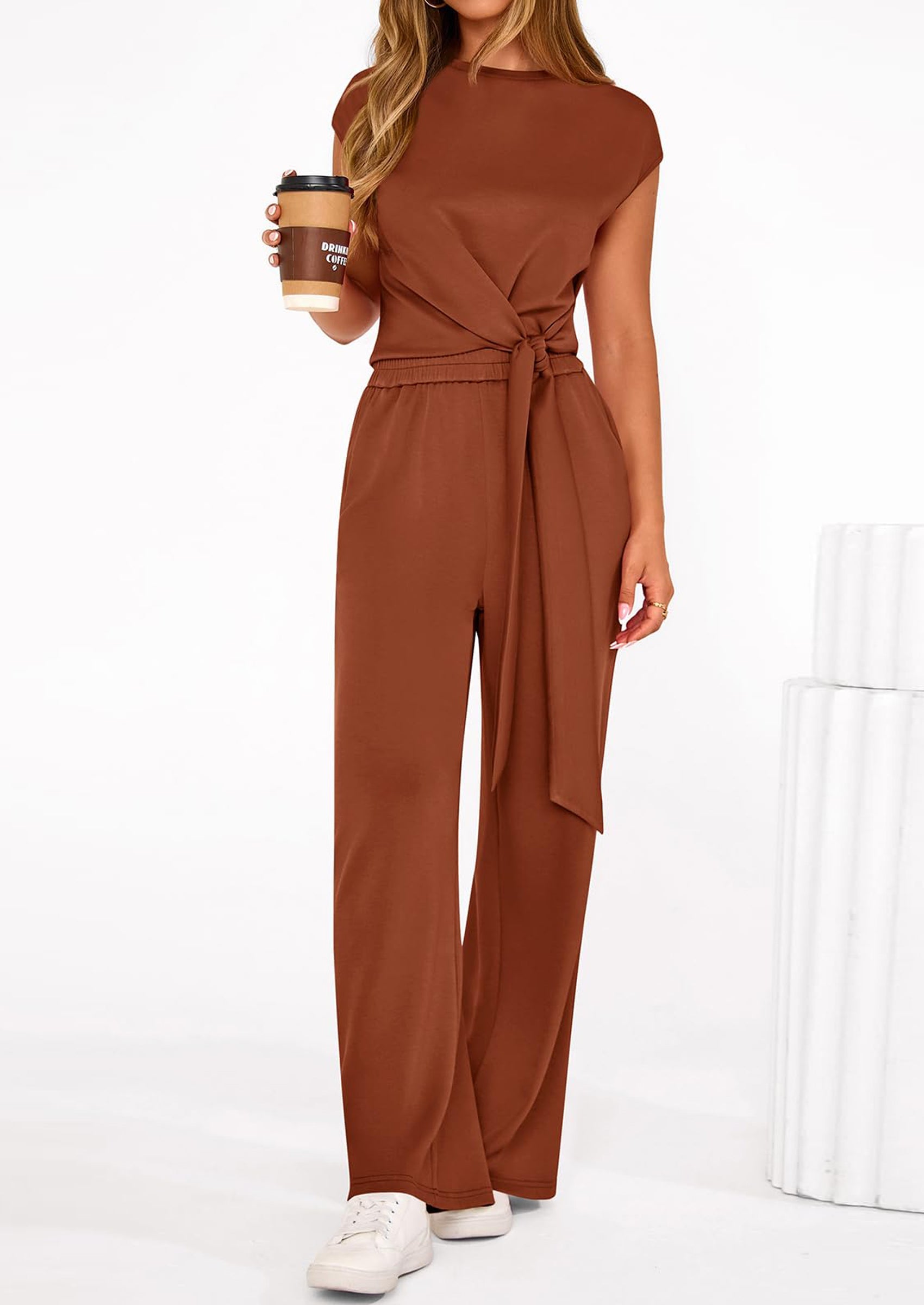 PRETTYGARDEN 2 Piece Matching Lounge Sets For Women Summer Short Sleeve Tie Front Crop Tops Casual Wide Leg Pants Tracksuit PRETTYGARDEN