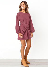 PRETTYGARDEN Womens Fall Elegant Long Lantern Sleeve Short Dress Wedding Guest Crewneck Tie Waist Knit Cocktail Dresses PRETTYGARDEN