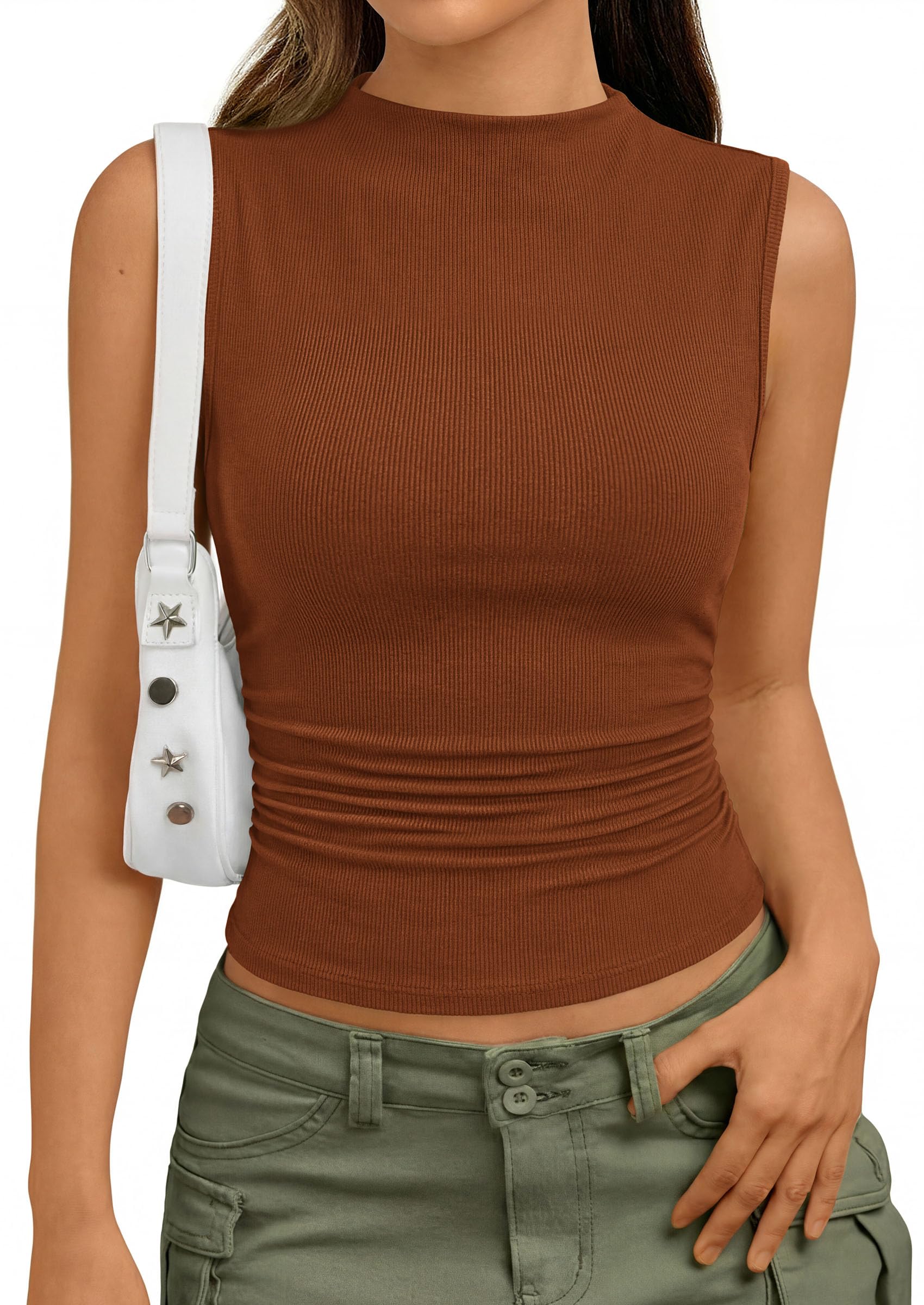 PRETTYGARDEN Tank Top for Women Summer Fashion Clothing Mock Neck Ribbed Knit Slim Fitted Shirts Going Out Tops PRETTYGARDEN