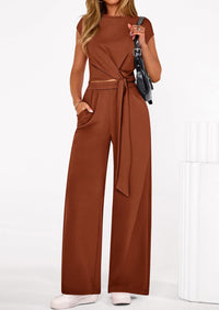 PRETTYGARDEN 2 Piece Matching Lounge Sets For Women Summer Short Sleeve Tie Front Crop Tops Casual Wide Leg Pants Tracksuit PRETTYGARDEN