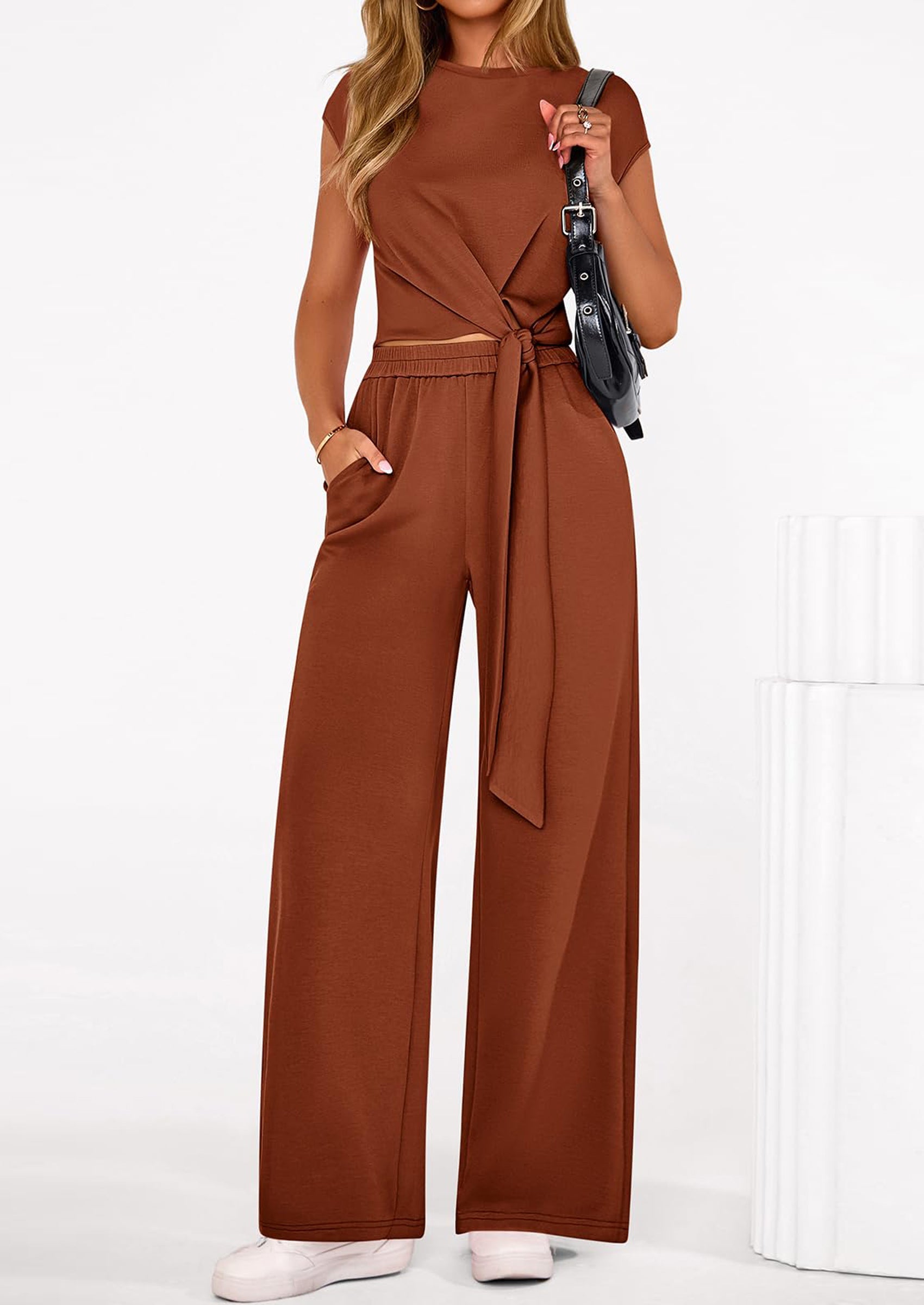 PRETTYGARDEN 2 Piece Matching Lounge Sets For Women Summer Short Sleeve Tie Front Crop Tops Casual Wide Leg Pants Tracksuit PRETTYGARDEN