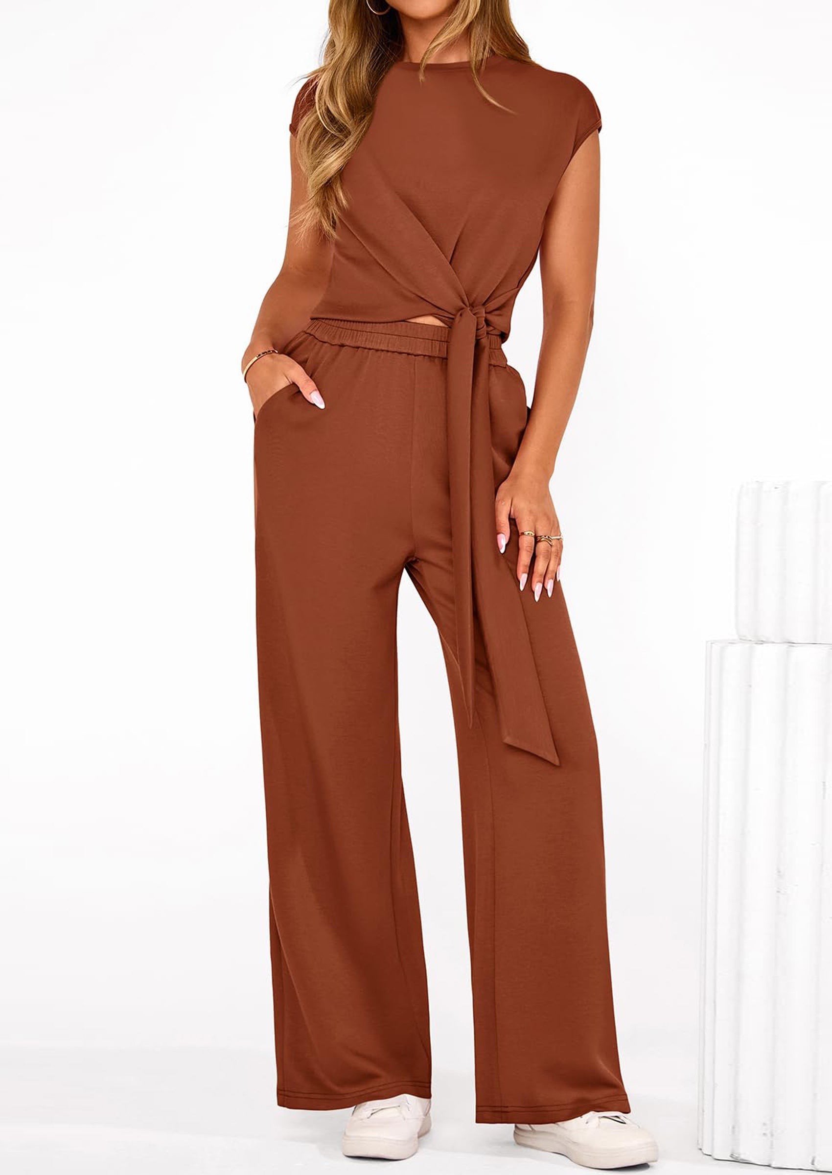 PRETTYGARDEN 2 Piece Matching Lounge Sets For Women Summer Short Sleeve Tie Front Crop Tops Casual Wide Leg Pants Tracksuit PRETTYGARDEN