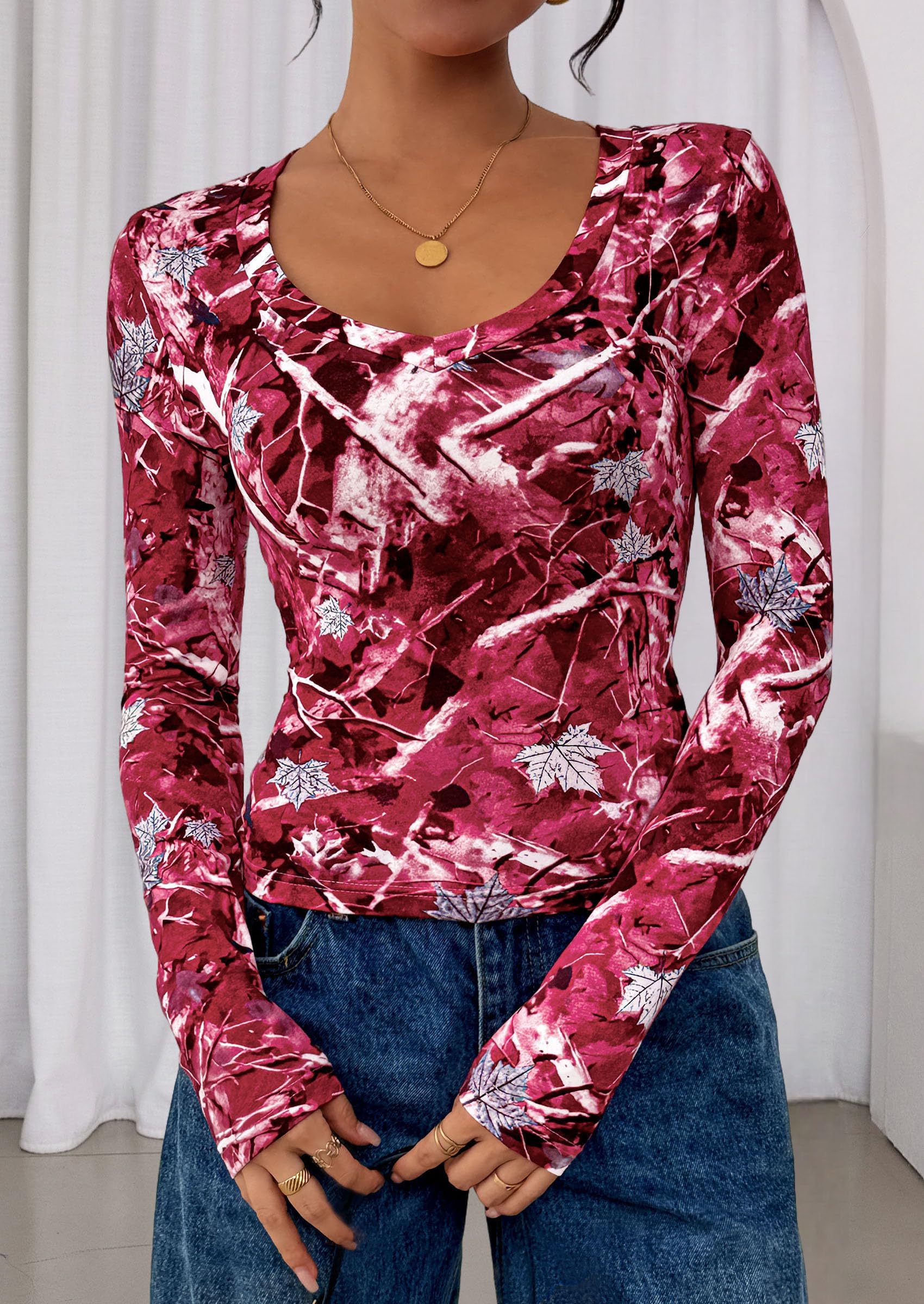 PRETTYGARDEN Womens Long Sleeve T Shirts Fall Trendy Deep V Neck Slim Fit Basic Crop Tops Casual Going Out Top