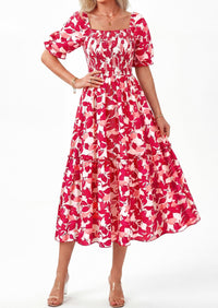 PRETTYGARDEN Women's Summer Casual Dresses Spring Puff Sleeve Square Neck A Line Flowy Boho Floral Smocked Midi Dress