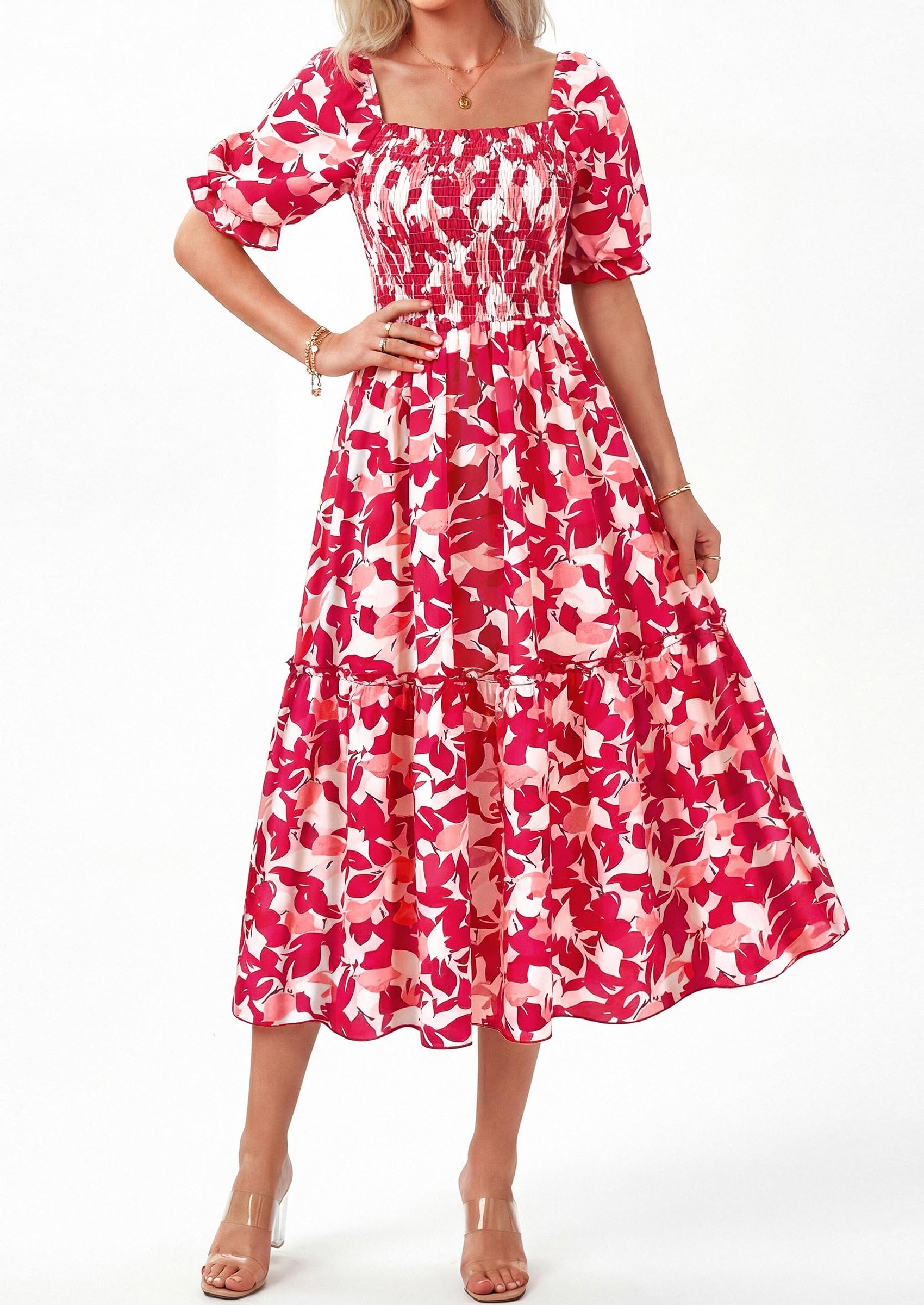 PRETTYGARDEN Women's Summer Casual Dresses Spring Puff Sleeve Square Neck A Line Flowy Boho Floral Smocked Midi Dress