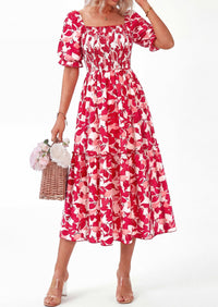 PRETTYGARDEN Women's Summer Casual Dresses Spring Puff Sleeve Square Neck A Line Flowy Boho Floral Smocked Midi Dress