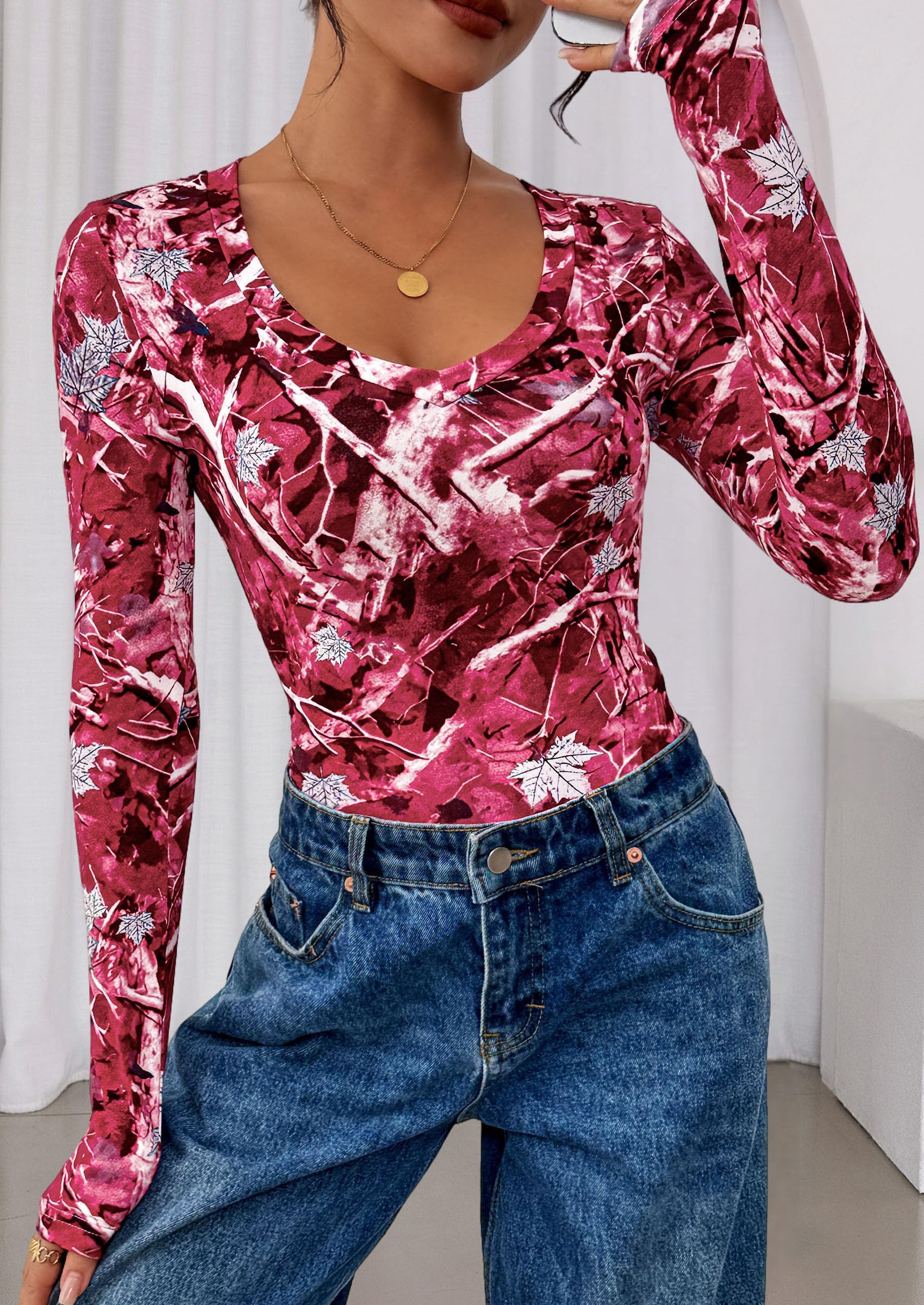 PRETTYGARDEN Womens Long Sleeve T Shirts Fall Trendy Deep V Neck Slim Fit Basic Crop Tops Casual Going Out Top