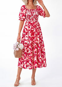 PRETTYGARDEN Women's Summer Casual Dresses Spring Puff Sleeve Square Neck A Line Flowy Boho Floral Smocked Midi Dress