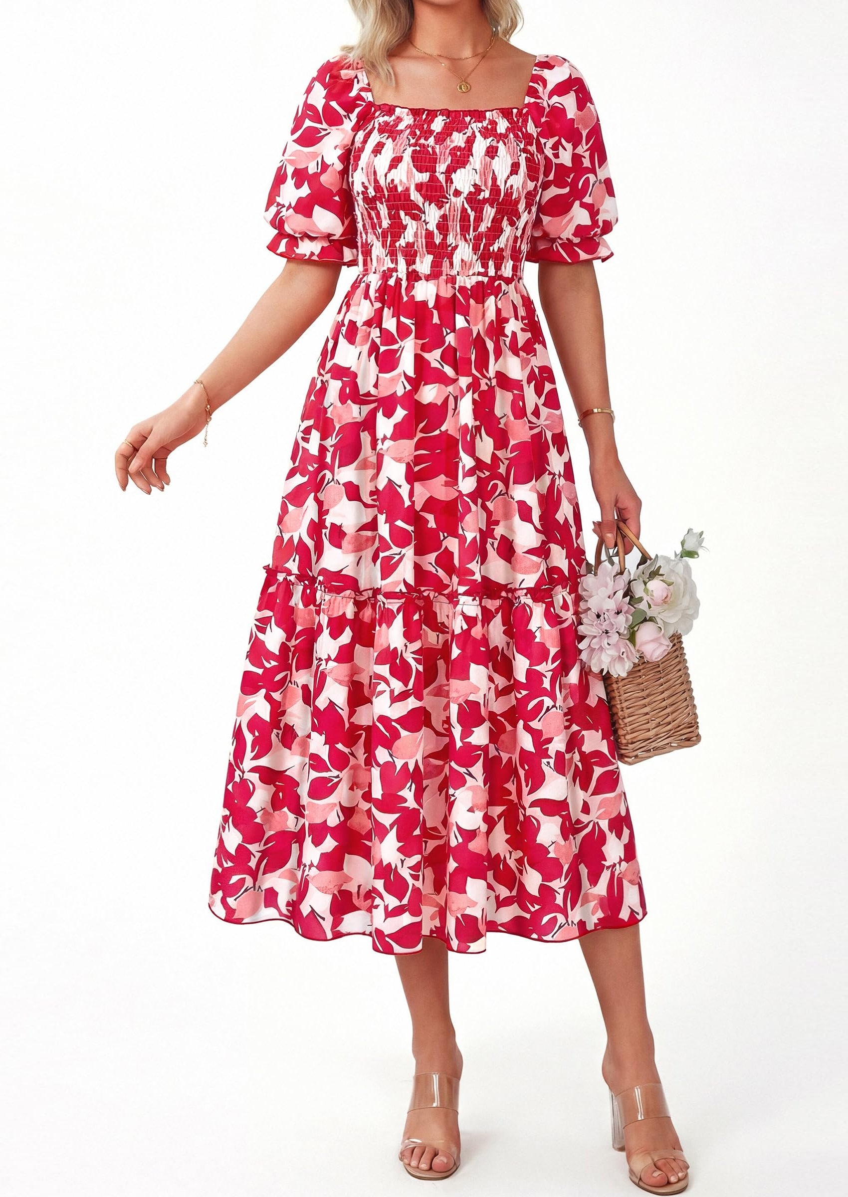 PRETTYGARDEN Women's Summer Casual Dresses Spring Puff Sleeve Square Neck A Line Flowy Boho Floral Smocked Midi Dress