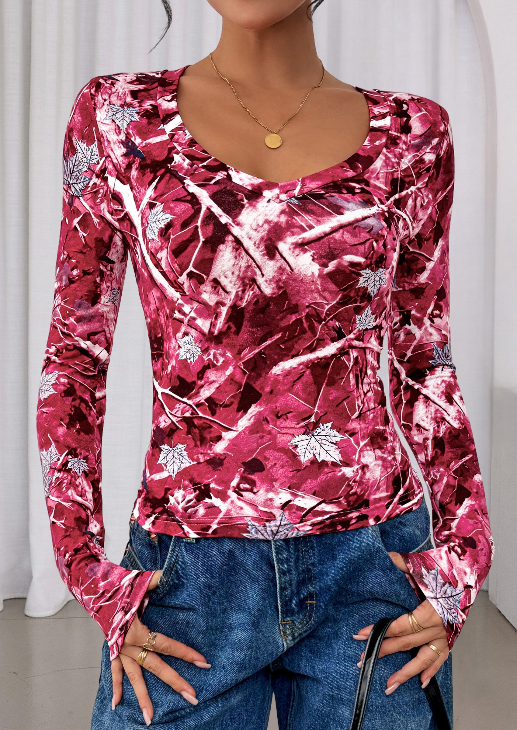 PRETTYGARDEN Womens Long Sleeve T Shirts Fall Trendy Deep V Neck Slim Fit Basic Crop Tops Casual Going Out Top