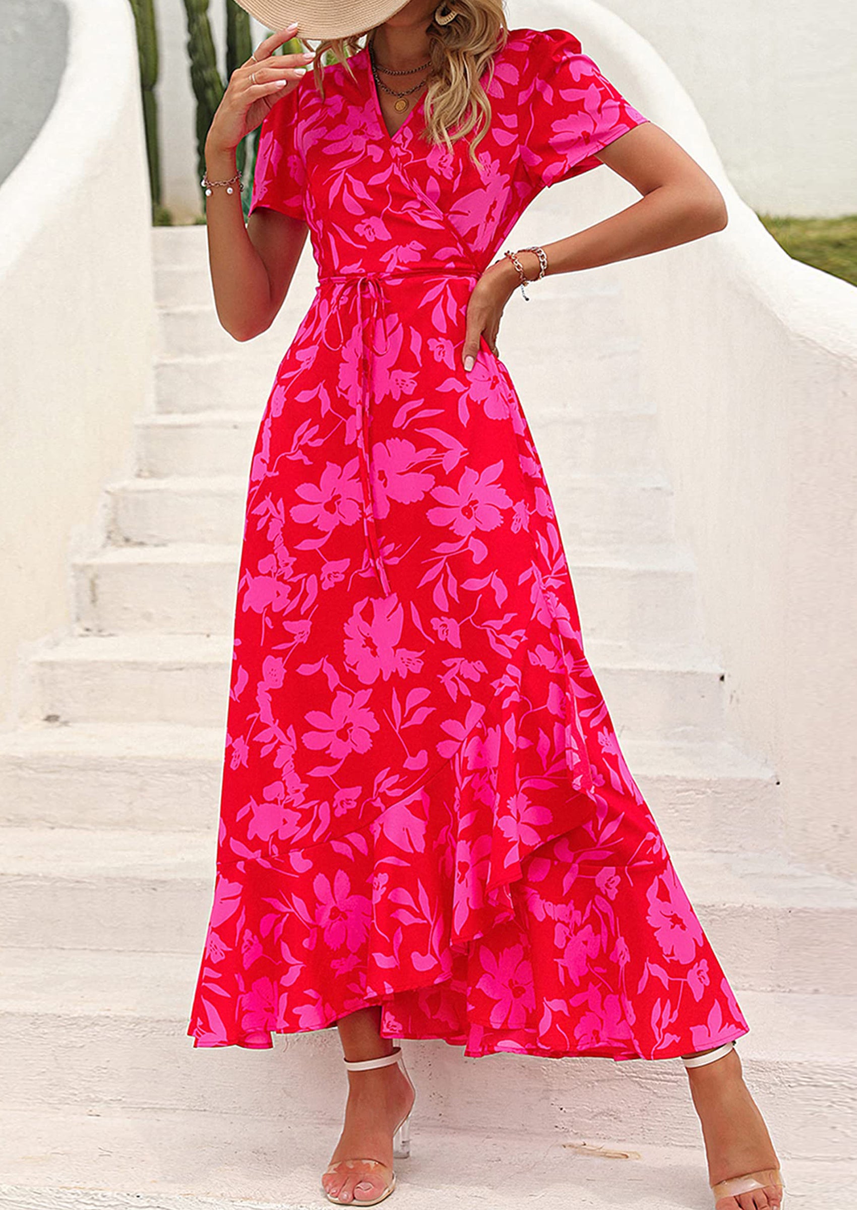 PRETTYGARDEN Women's Summer Maxi Dress Casual Wrap Floral Boho Short Sleeve V Neck Split Ruffle Beach Long Dresses