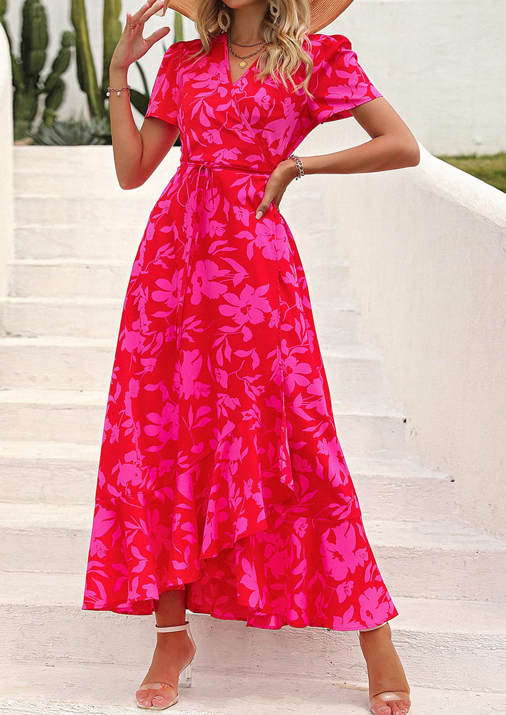 PRETTYGARDEN Women's Summer Maxi Dress Casual Wrap Floral Boho Short Sleeve V Neck Split Ruffle Beach Long Dresses