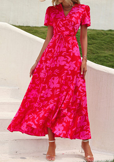 PRETTYGARDEN Women's Summer Maxi Dress Casual Wrap Floral Boho Short Sleeve V Neck Split Ruffle Beach Long Dresses