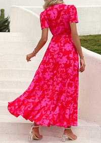 PRETTYGARDEN Women's Summer Maxi Dress Casual Wrap Floral Boho Short Sleeve V Neck Split Ruffle Beach Long Dresses